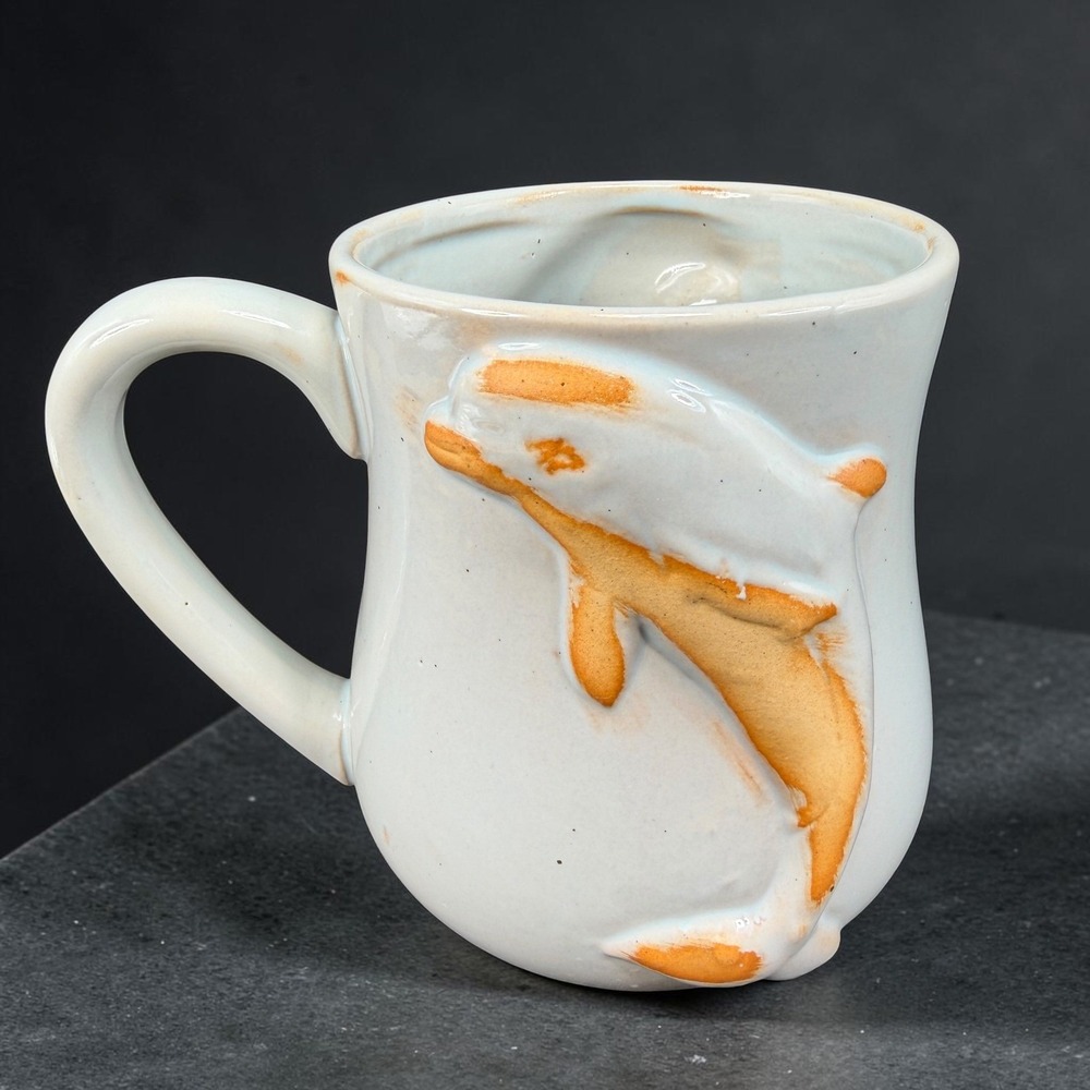 Beachcombers Dolphin Mug Blue Orange Raised 3D Relief Artisan Stoneware Pottery
